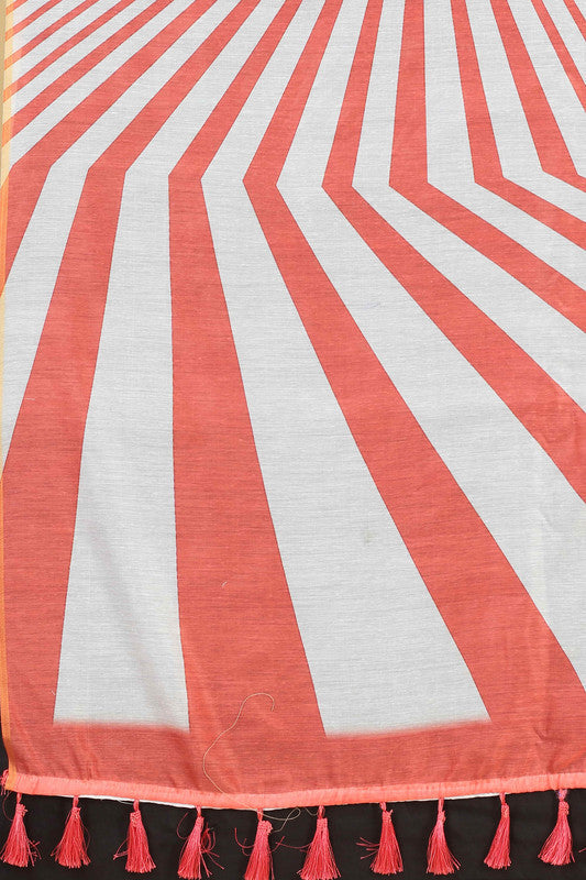 Red Cotton Blend Printed Striped Saree with Unstitched Blouse - Hiral Fashion