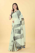 White Cotton Blend Printed Striped Saree with Unstitched Blouse - Hiral Fashion