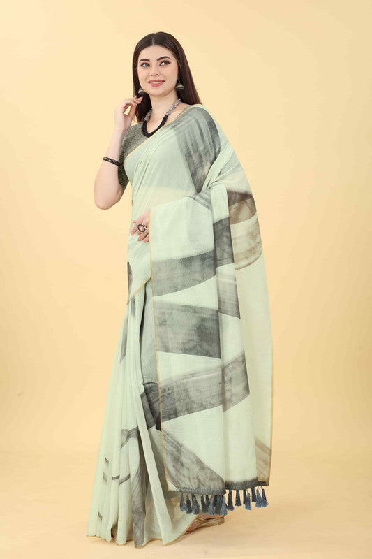 White Cotton Blend Printed Striped Saree with Unstitched Blouse - Hiral Fashion
