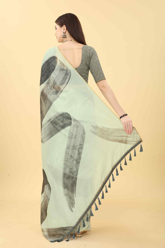 White Cotton Blend Printed Striped Saree with Unstitched Blouse - Hiral Fashion