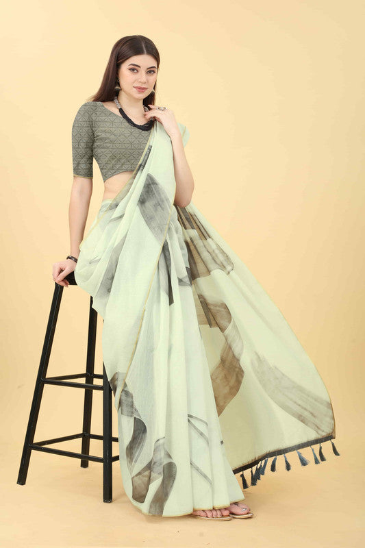 White Cotton Blend Printed Striped Saree with Unstitched Blouse - Hiral Fashion