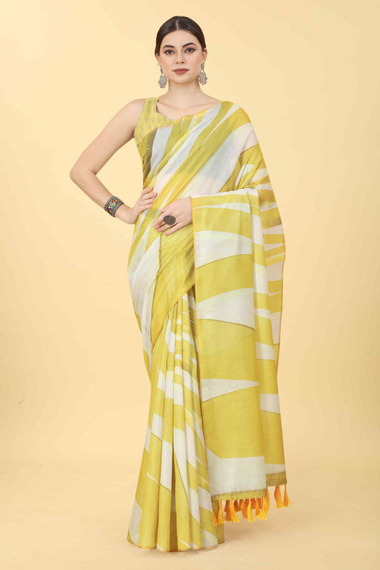Yellow Cotton Blend Printed Striped Saree with Unstitched Blouse - Hiral Fashion