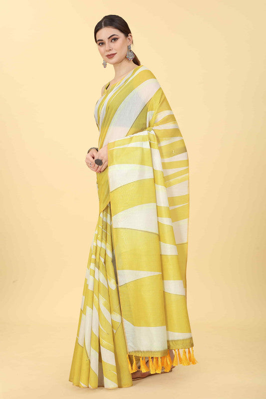 Yellow Cotton Blend Printed Striped Saree with Unstitched Blouse - Hiral Fashion