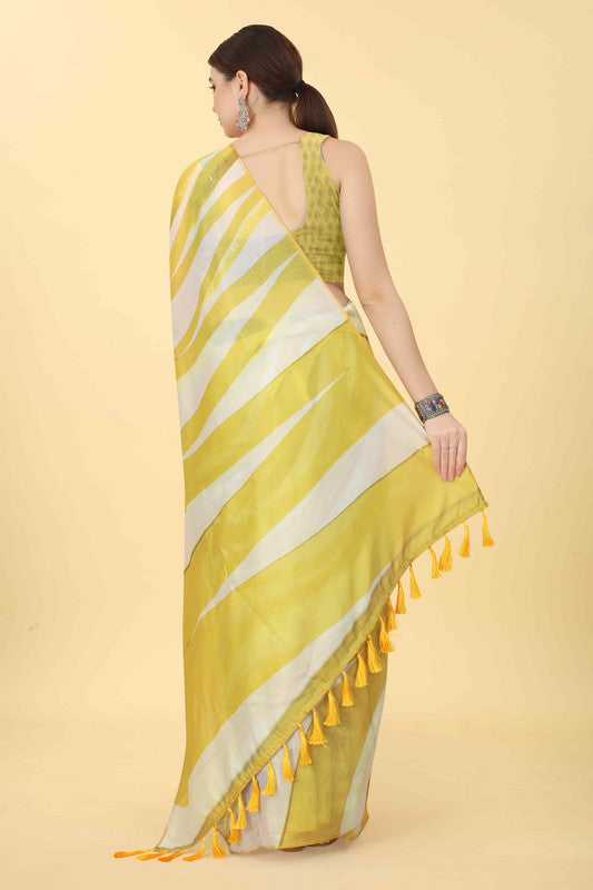 Yellow Cotton Blend Printed Striped Saree with Unstitched Blouse - Hiral Fashion