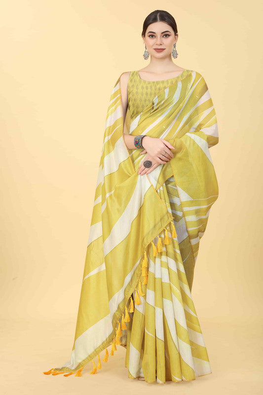 Yellow Cotton Blend Printed Striped Saree with Unstitched Blouse - Hiral Fashion