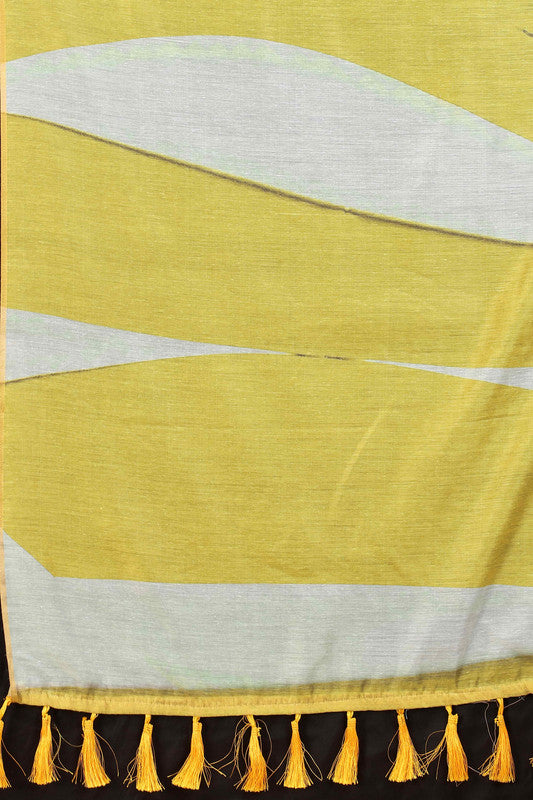 Yellow Cotton Blend Printed Striped Saree with Unstitched Blouse - Hiral Fashion
