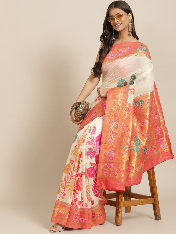 Off White Pure Cotton Woven Zari Design Paisley Saree with Unstitched Blouse - Hiral Fashion