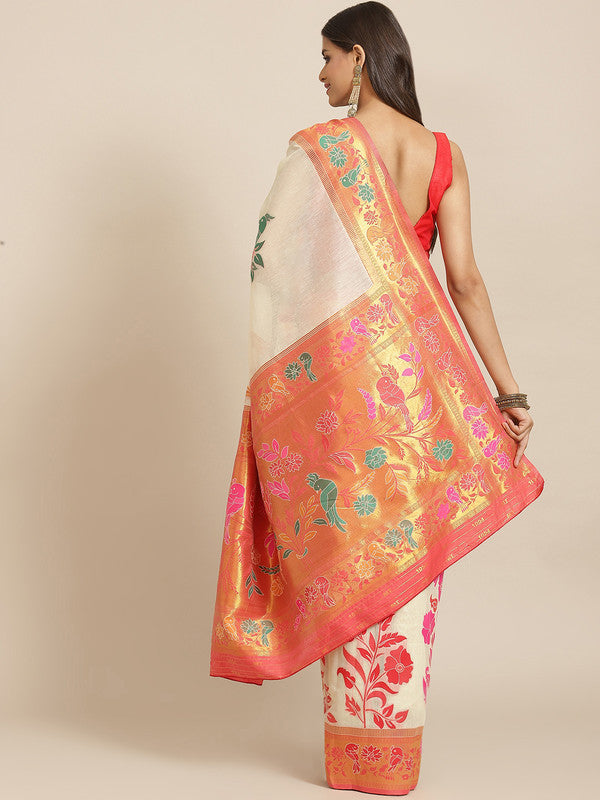 Off White Pure Cotton Woven Zari Design Paisley Saree with Unstitched Blouse - Hiral Fashion