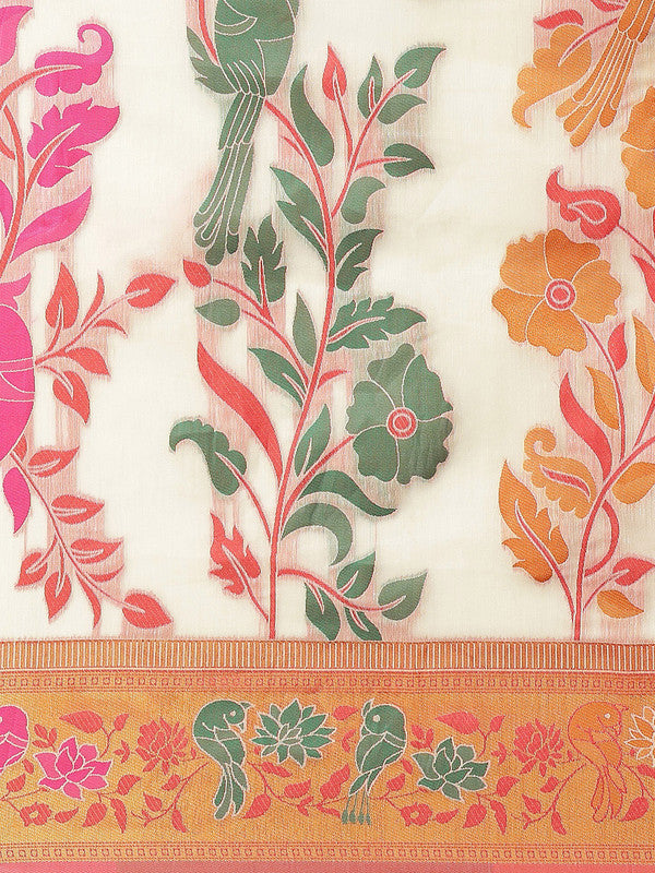 Off White Pure Cotton Woven Zari Design Paisley Saree with Unstitched Blouse - Hiral Fashion