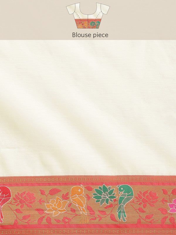 Off White Pure Cotton Woven Zari Design Paisley Saree with Unstitched Blouse - Hiral Fashion