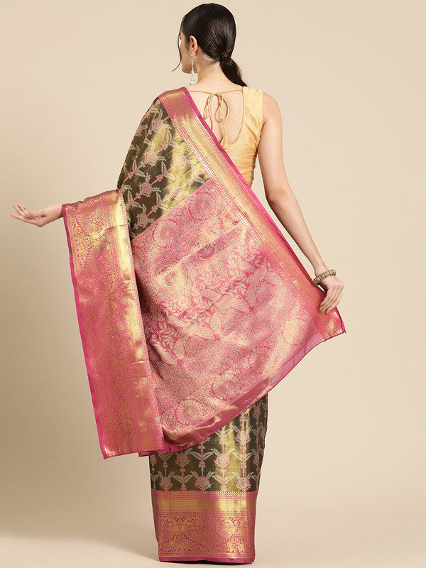 Black Brocade Zari Woven Floral Saree with Unstitched Blouse - Hiral Fashion