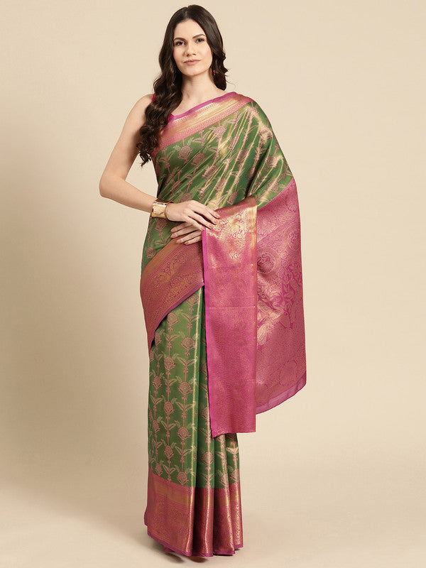 Green Brocade Zari Woven Floral Saree with Unstitched Blouse - Hiral Fashion