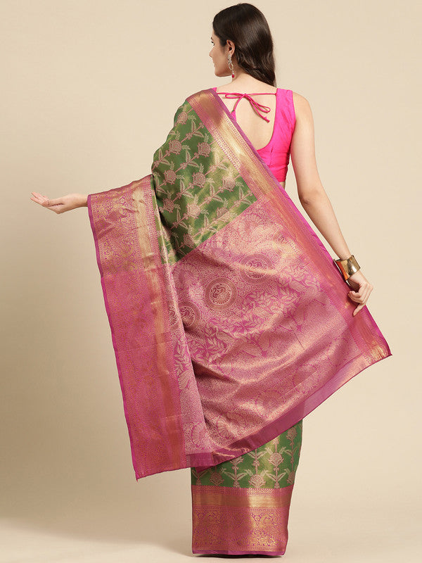 Green Brocade Zari Woven Floral Saree with Unstitched Blouse - Hiral Fashion