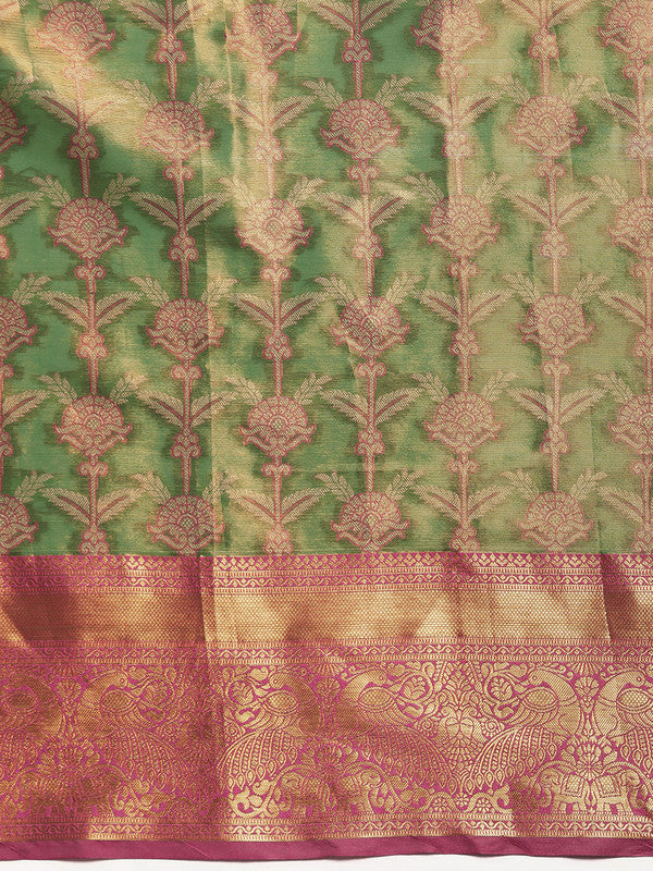 Green Brocade Zari Woven Floral Saree with Unstitched Blouse - Hiral Fashion