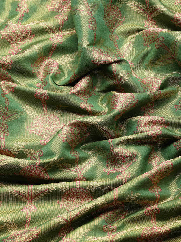 Green Brocade Zari Woven Floral Saree with Unstitched Blouse - Hiral Fashion
