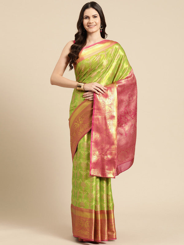 Green Brocade Zari Woven Floral Saree with Unstitched Blouse - Hiral Fashion