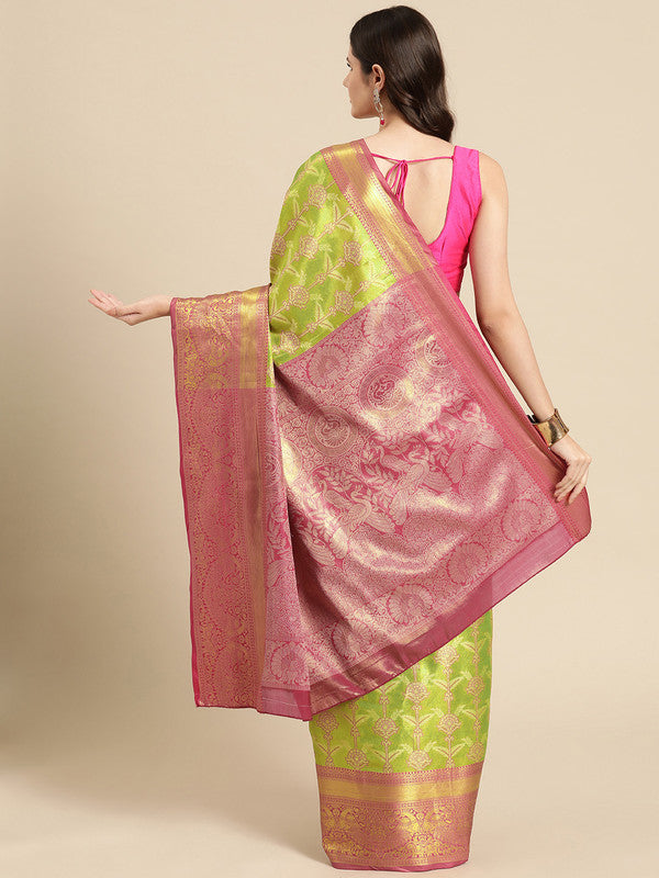 Green Brocade Zari Woven Floral Saree with Unstitched Blouse - Hiral Fashion