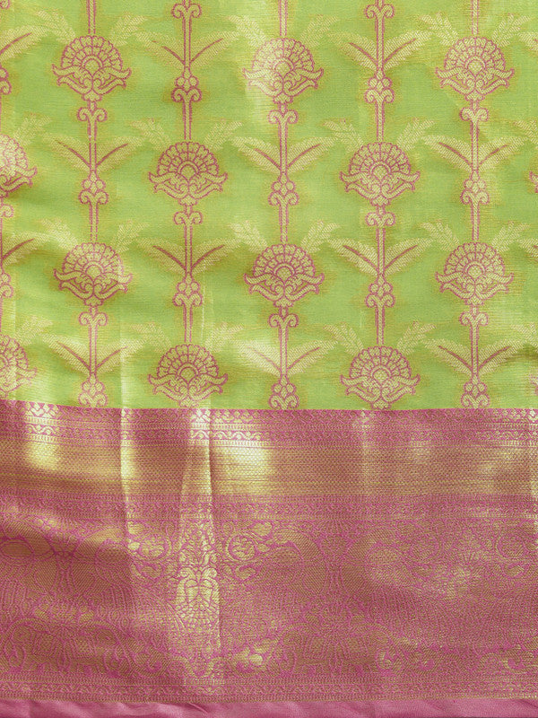 Green Brocade Zari Woven Floral Saree with Unstitched Blouse - Hiral Fashion