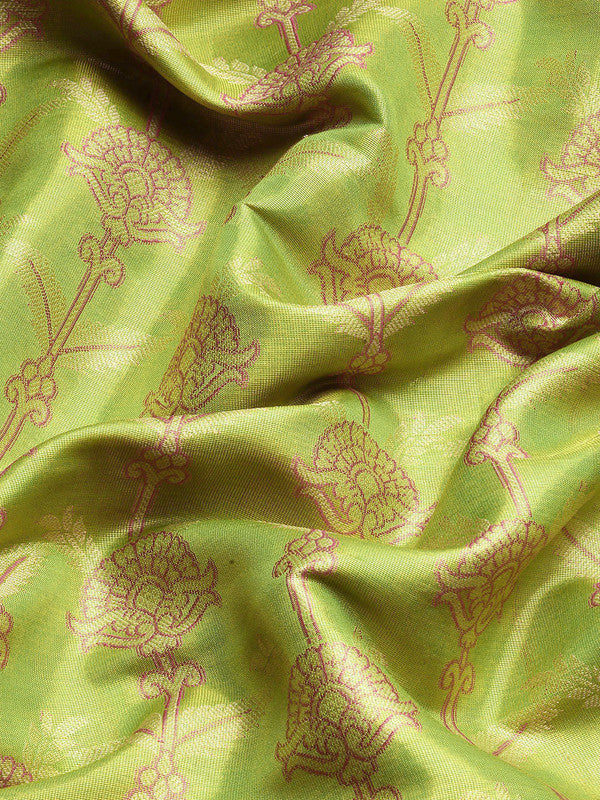 Green Brocade Zari Woven Floral Saree with Unstitched Blouse - Hiral Fashion
