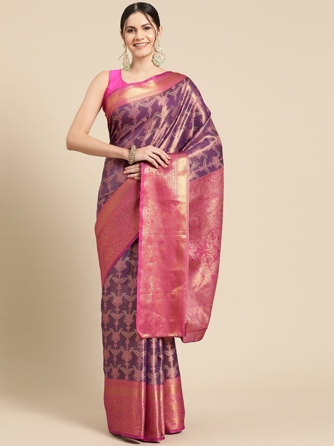 Purple Brocade Zari Woven Floral Saree with Unstitched Blouse - Hiral Fashion