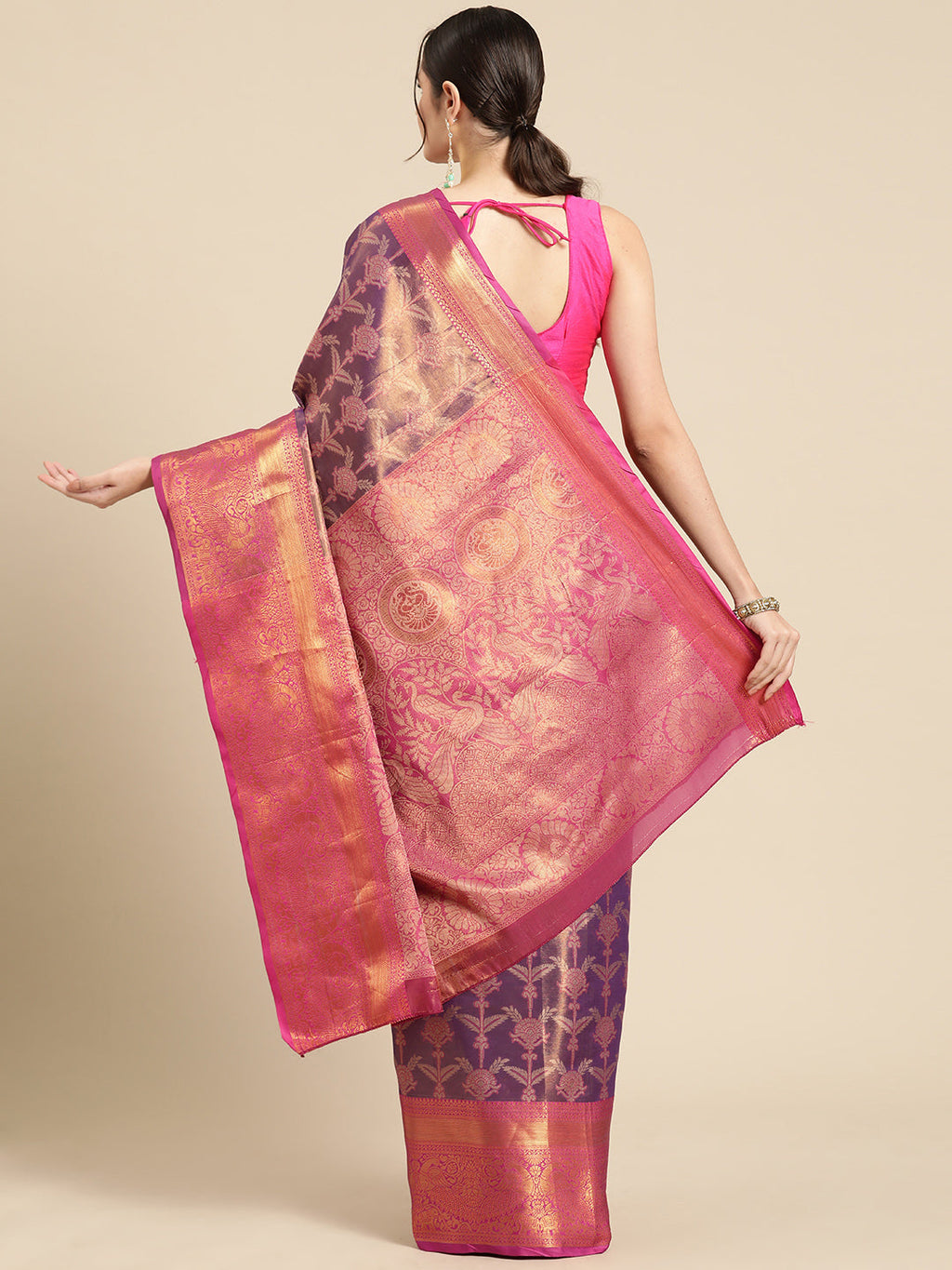 Purple Brocade Zari Woven Floral Saree with Unstitched Blouse - Hiral Fashion