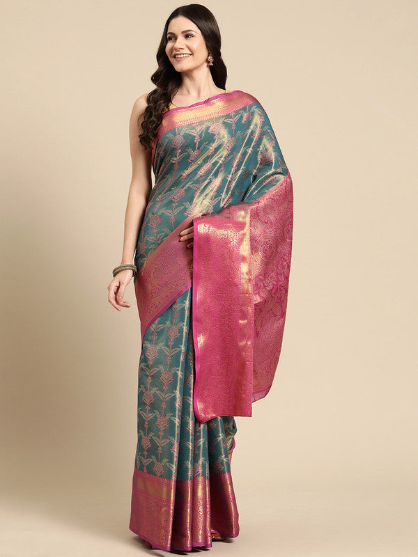 Turquoise Brocade Zari Woven Floral Saree with Unstitched Blouse - Hiral Fashion