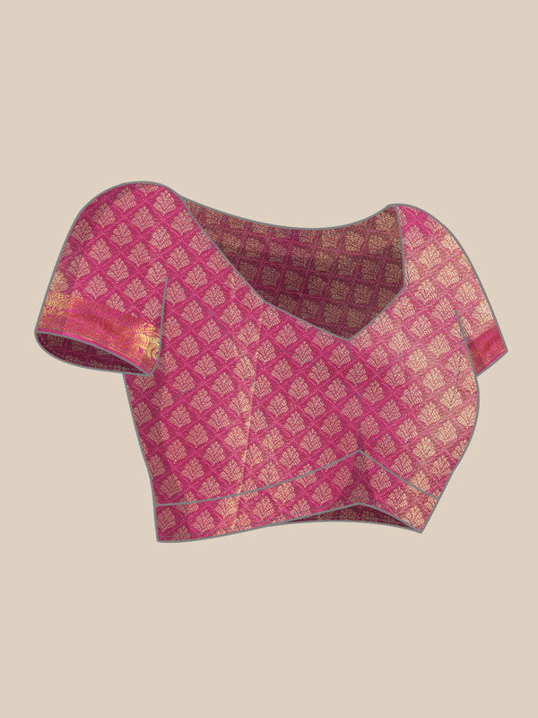 Turquoise Brocade Zari Woven Floral Saree with Unstitched Blouse - Hiral Fashion