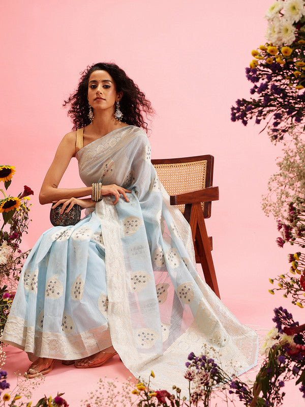 Blue Linen Woven Thread Floral Saree with Unstitched Blouse - Hiral Fashion
