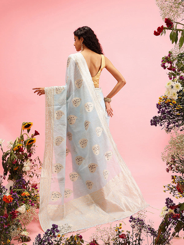 Blue Linen Woven Thread Floral Saree with Unstitched Blouse - Hiral Fashion