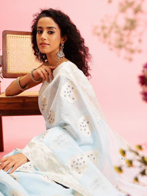 Blue Linen Woven Thread Floral Saree with Unstitched Blouse - Hiral Fashion
