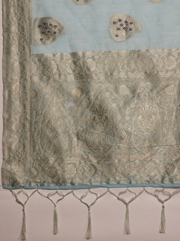 Blue Linen Woven Thread Floral Saree with Unstitched Blouse - Hiral Fashion
