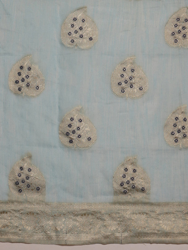 Blue Linen Woven Thread Floral Saree with Unstitched Blouse - Hiral Fashion