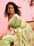 Green Linen Woven Thread Floral Saree with Unstitched Blouse - Hiral Fashion