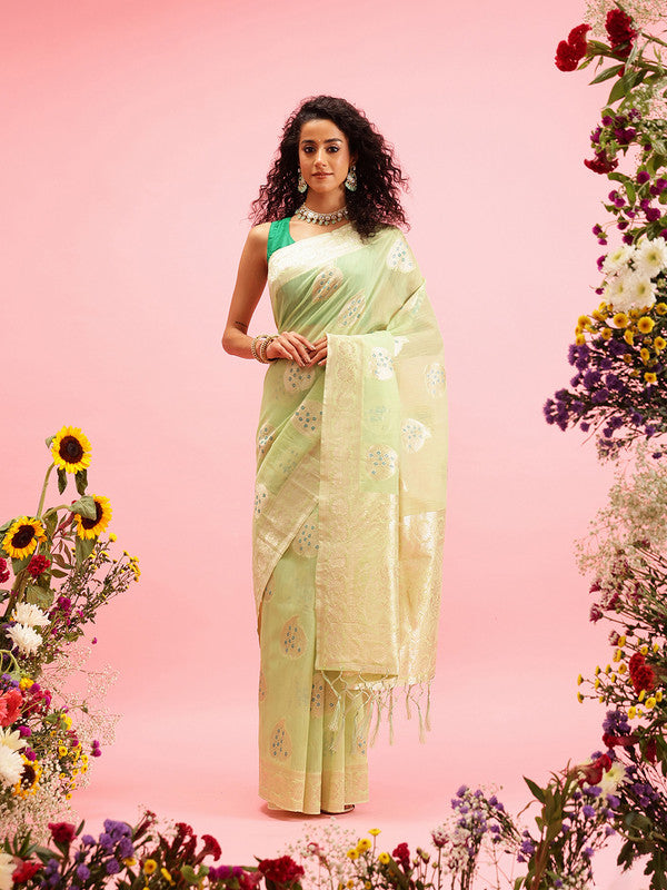 Green Linen Woven Thread Floral Saree with Unstitched Blouse - Hiral Fashion