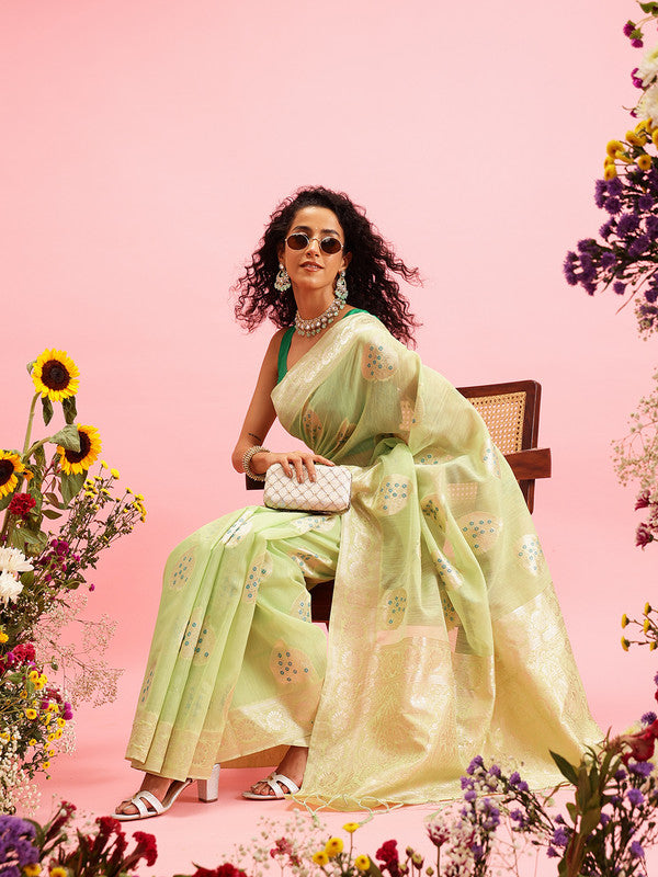 Green Linen Woven Thread Floral Saree with Unstitched Blouse - Hiral Fashion