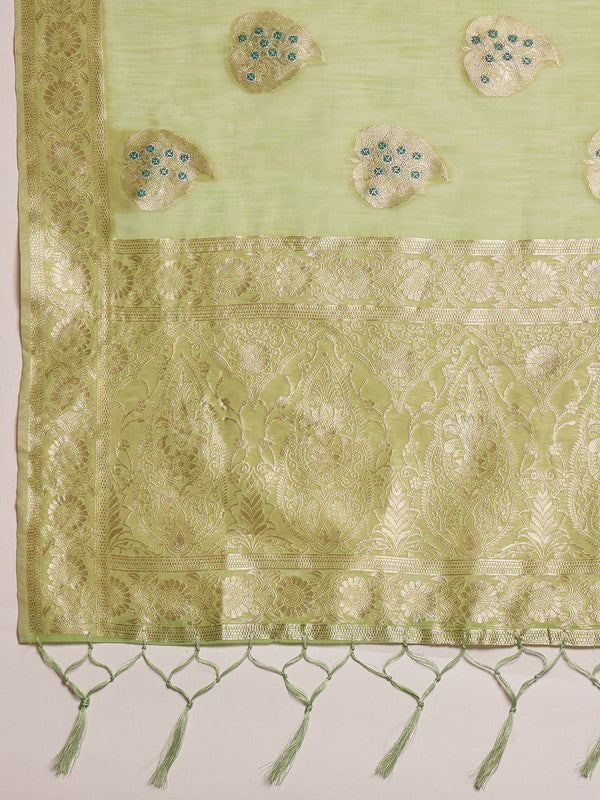 Green Linen Woven Thread Floral Saree with Unstitched Blouse - Hiral Fashion
