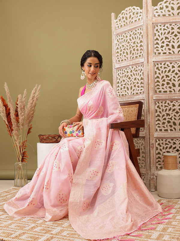 Light Pink Linen Woven Thread Floral Saree with Unstitched Blouse - Hiral Fashion