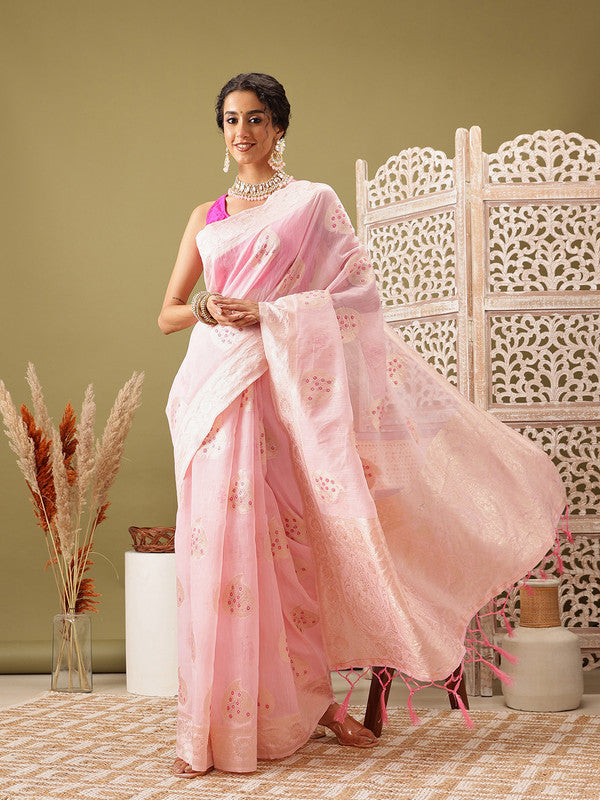 Light Pink Linen Woven Thread Floral Saree with Unstitched Blouse - Hiral Fashion