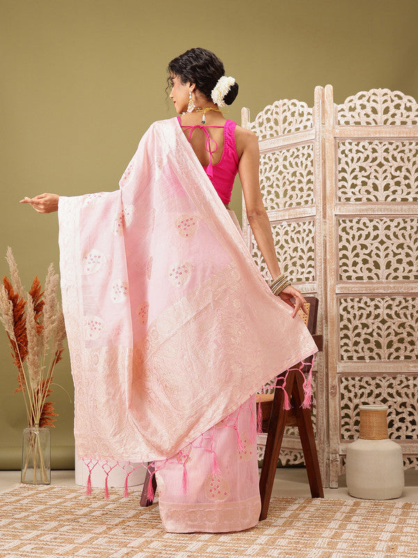 Light Pink Linen Woven Thread Floral Saree with Unstitched Blouse - Hiral Fashion