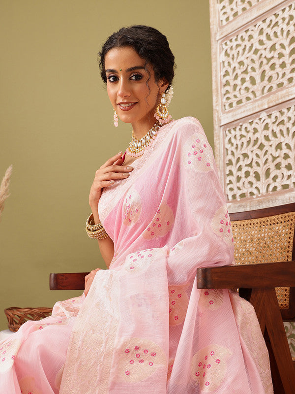 Light Pink Linen Woven Thread Floral Saree with Unstitched Blouse - Hiral Fashion