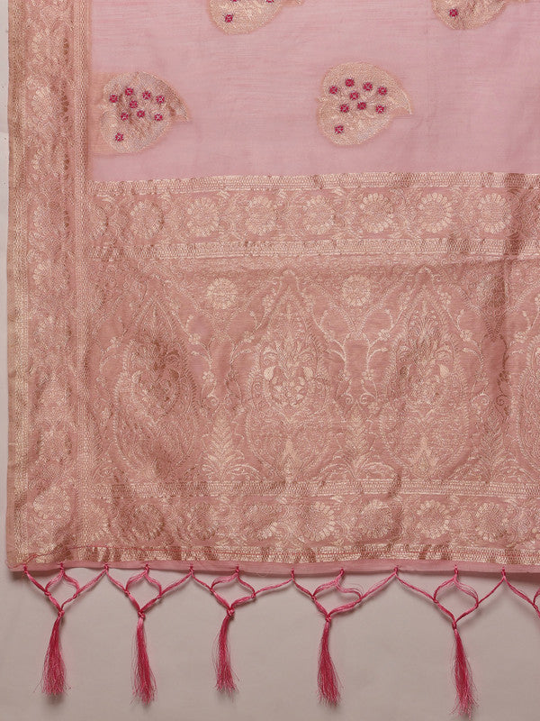 Light Pink Linen Woven Thread Floral Saree with Unstitched Blouse - Hiral Fashion