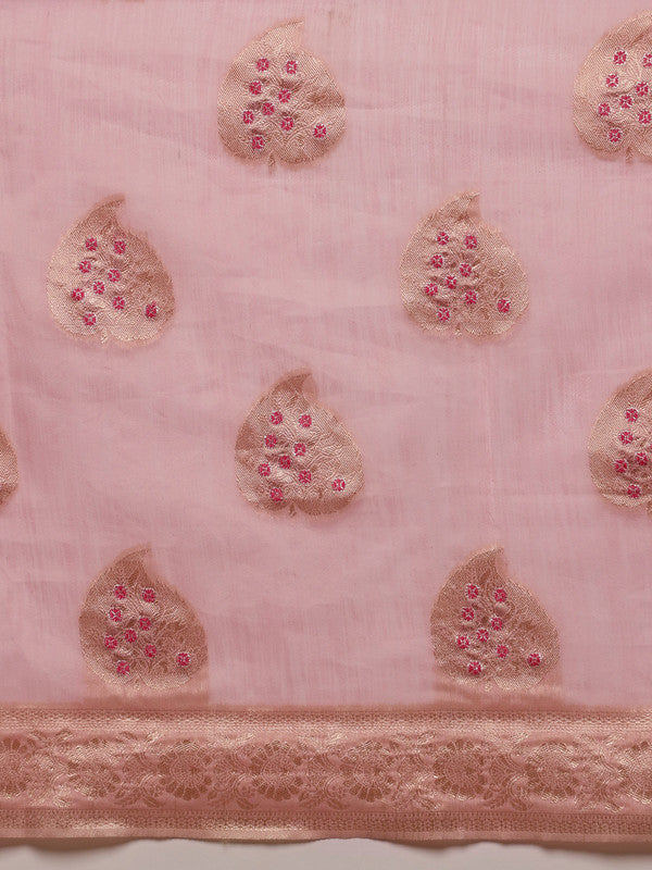 Light Pink Linen Woven Thread Floral Saree with Unstitched Blouse - Hiral Fashion