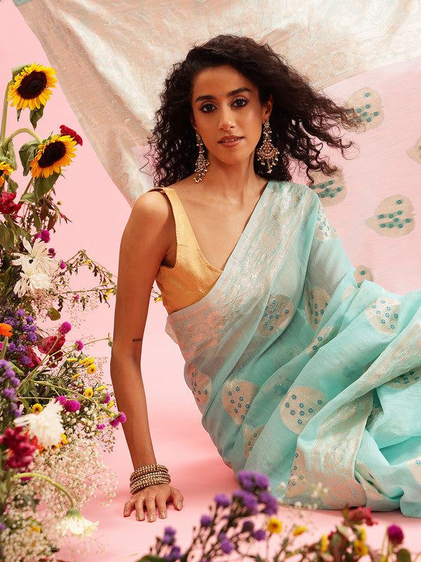 Turquoise Linen Woven Thread Floral Saree with Unstitched Blouse - Hiral Fashion