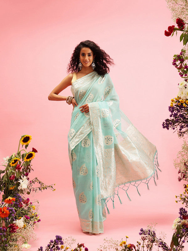 Turquoise Linen Woven Thread Floral Saree with Unstitched Blouse - Hiral Fashion