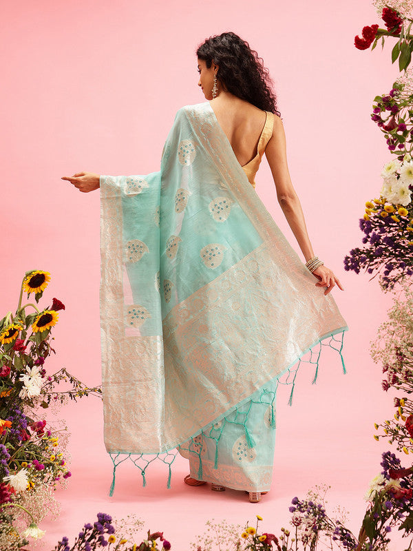 Turquoise Linen Woven Thread Floral Saree with Unstitched Blouse - Hiral Fashion