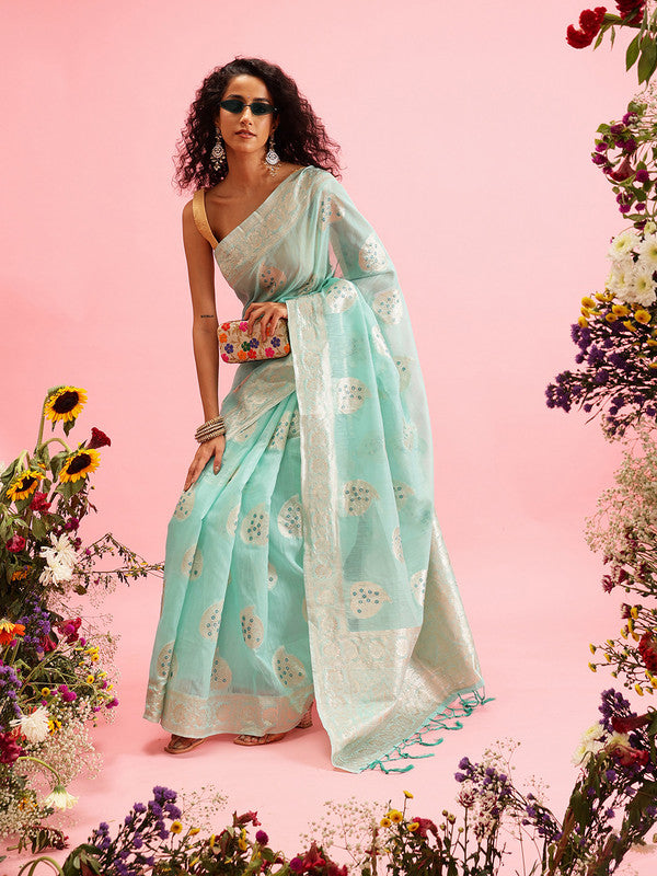Turquoise Linen Woven Thread Floral Saree with Unstitched Blouse - Hiral Fashion