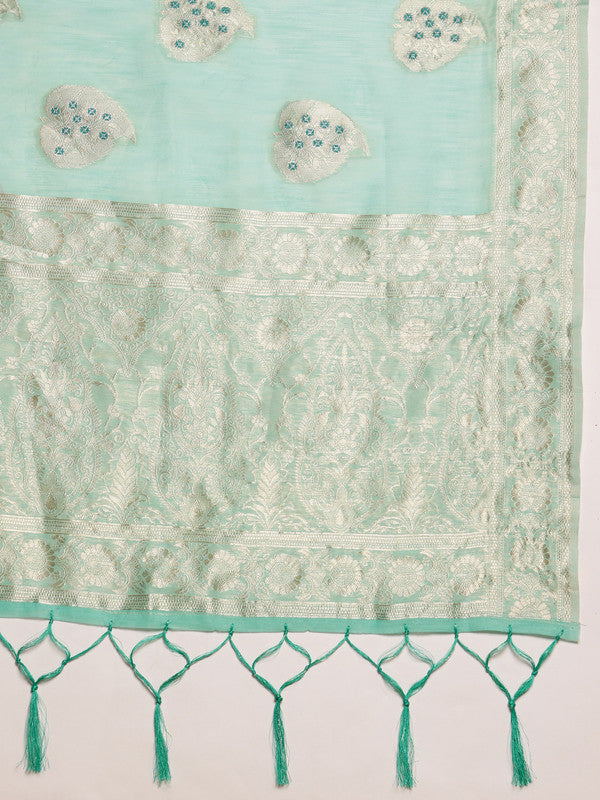 Turquoise Linen Woven Thread Floral Saree with Unstitched Blouse - Hiral Fashion