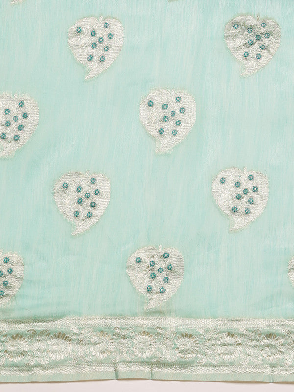 Turquoise Linen Woven Thread Floral Saree with Unstitched Blouse - Hiral Fashion