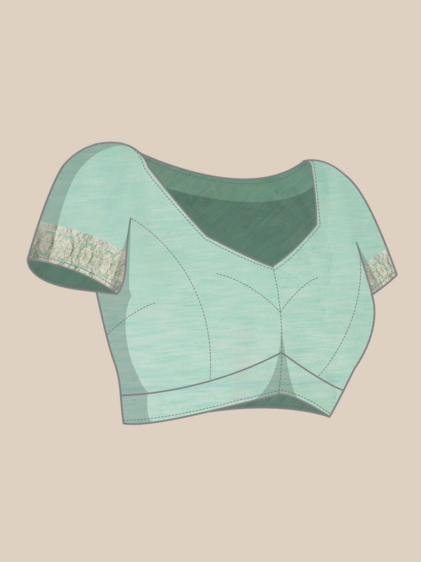 Turquoise Linen Woven Thread Floral Saree with Unstitched Blouse - Hiral Fashion