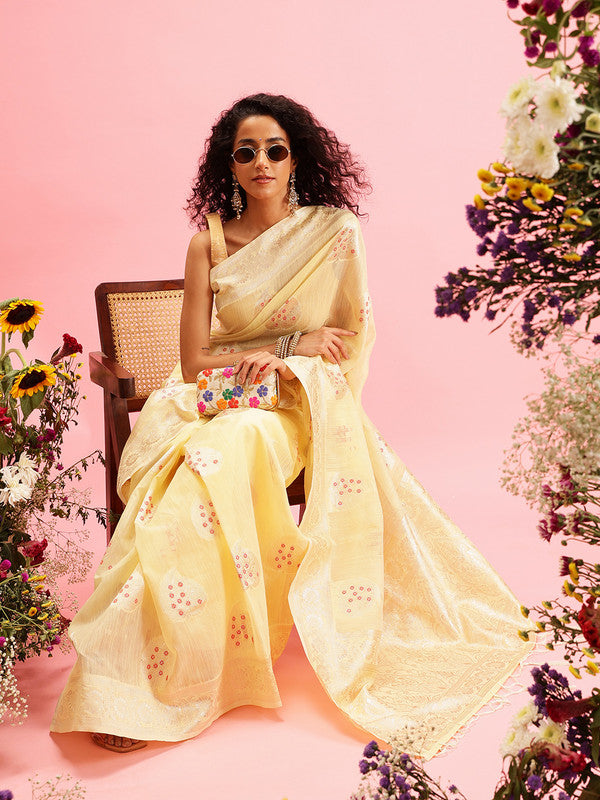 Yellow Linen Woven Thread Floral Saree with Unstitched Blouse - Hiral Fashion